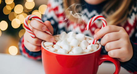 Child holding candy canes with hot chocolate and marshmallows festive holiday mood