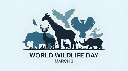 World Wildlife Day Poster with blue silhouettes of wild animals icon vector. Wild animals silhouette set. Environmental icon vector. Group of animals icon. Wildlife Day Poster, March 3. Important day