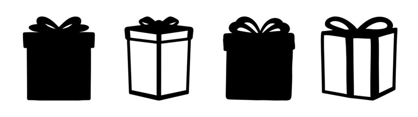 Collection of four hand drawn style gift boxes with ribbons