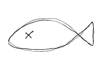 ダメージを受けて死んだ魚の手描きの線画アイコン。複数の線が重なったモノクロの落書きベクターイラスト。デフォルメした可愛いスタンプ素材