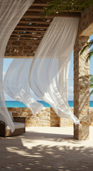 Beachside Gazebo with Flowing Curtains and Ocean View.