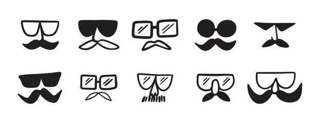 glasses and mustache male funny comic icon doodle hand drawn icon set. Outline drawing line clipart symbol collection