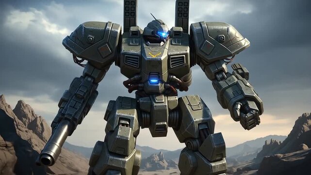 A futuristic armored robot stands in a dramatic landscape, showcasing advanced technology against a cloudy sky