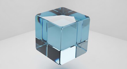 Transparent blue glass cube isolated on white background with light reflection
