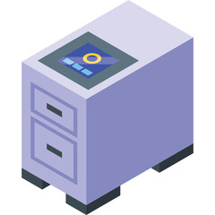 Isometric Perspective Of A Light Purple Two Drawer Cabinet With A Digital Display Screen On Top Featuring A Circular Icon And Blue Bars On A Transparent Background