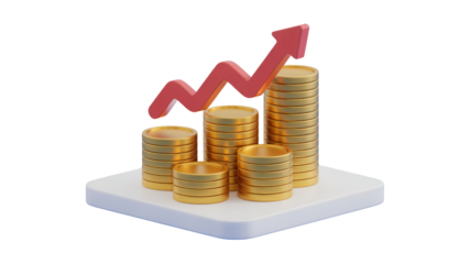 Rising red arrow graph on stacks of gold coins symbolizing financial growth and investment success isolated on transparent background