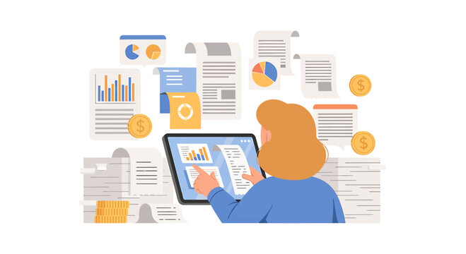 Innovative design concept for business analytics featuring a woman working with financial data reports on a digital tablet