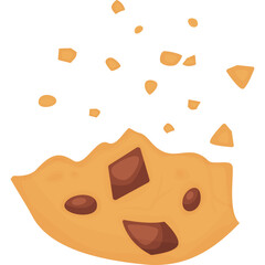 Cracked Chocolate Chip Cookie With Crumbs Flying Around Isolated On White Background Flat Design Style