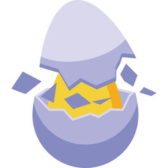 Cracked Open Egg with Bright Yellow Interior and Blue Shell Fragments Floating in Air symbolizing New Beginning or Surprise