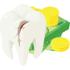 Cracked Tooth With Stacked Gold Coins And Green Banknotes Isolated On White Background Represents Dental Care Costs And Financial Investment In Oral Health