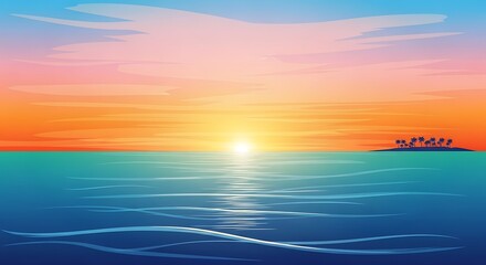 Obraz premium Vibrant Tropical Ocean Sunset with Distant Island Silhouette.
