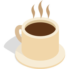 Cream Colored Cup Filled With Dark Coffee With Steam Rising From The Top Set On A Saucer With A Shadow On A White Background