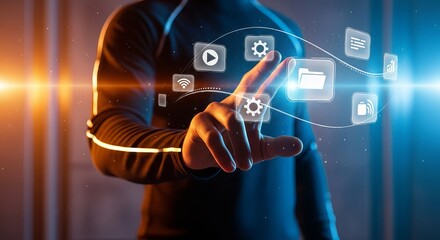 Man touching interface technology digital business data network connection management system concept cloud computing