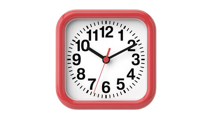 A simple red rectangular alarm clock with a white face and black numbers showing the time isolated on transparent background