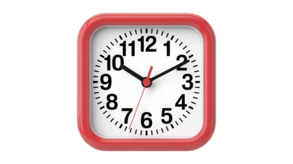 A simple red rectangular alarm clock with a white face and black numbers showing the time isolated on transparent background