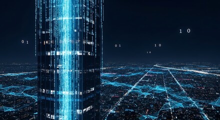 Digital city with data streams and network connections in a futuristic world
