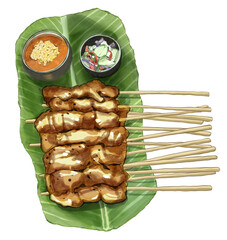 Thai Chicken Satay Watercolor Clipart with Peanut Sauce and Cucumber Relish