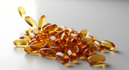 Pile of omega 3 fish oil capsules isolated on white background, dietary supplement
