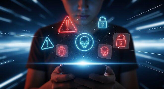 Cybersecurity threat mobile phone security risk data breach danger warning skull lock hacker attack online safety 100 - Powered by Adobe