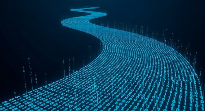 Digital data stream with binary code flowing through a winding path
