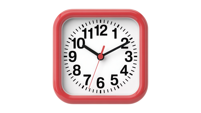 A simple red rectangular alarm clock with a white face and black numbers showing the time isolated on transparent background