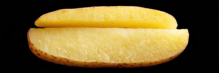Fototapeta premium Close-up Shows Cut Potato Wedge Lying Against the Black Background, Displaying Its Texture and Natural Imperfections