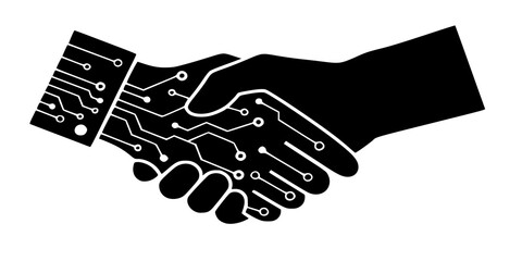 AI and Human Handshake Silhouette - Minimalist Black Vector Icon of Technology and Future Collaboration