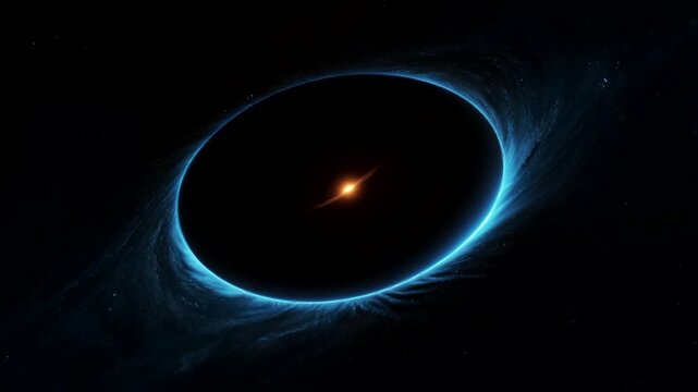 a mysterious object in space, possibly a black hole or neutron star, surrounded by a ring of glowing electric blue gas or plasma