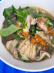 Thai Style Clear Soup with Congealed pork blood, pork entrails clear soup. Chinese food.