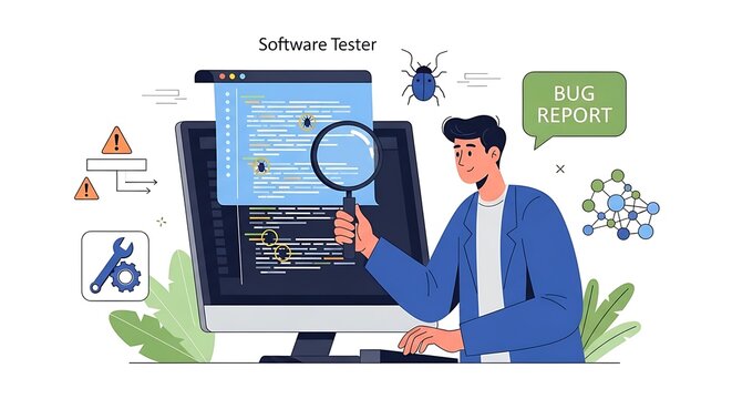 Software Tester Debugging Code on Computer Screen with Magnifying Glass.