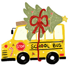 Cute yellow school bus with christmas xmas tree on the top crayon watercolor kids illustration clipart sticker transparent