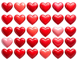 Twelve Red Heart Icons in 3x4 Grid, Mixed Solid and Outline Styles, Top-Down, Isolated on Transparent Background