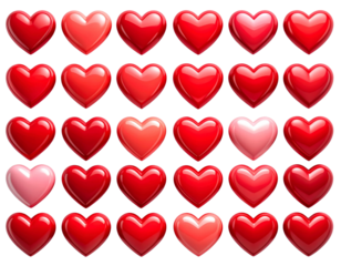 Twelve Red Heart Icons in 3x4 Grid, Mixed Solid and Outline Styles, Top-Down, Isolated on Transparent Background