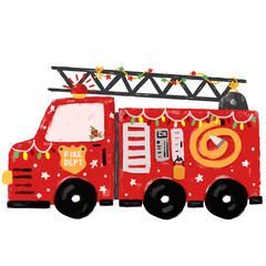 Cute red fire truck engine with christmas xmas holiday season colorful lights decoration crayon watercolor kids illustration clipart sticker transparent