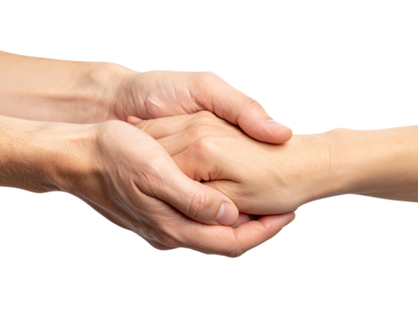 Close-Up of Two Hands Holding Each Other, Front View, Natural Skin Tones, Isolated on Transparent Background