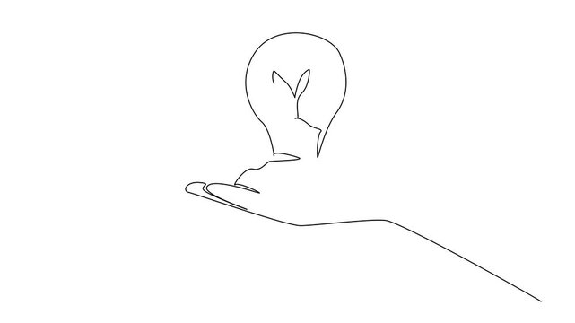 Animated self drawing of continuous line drawing hands holds mound of soil planted with tree shoots and inside bulb lamp. Protecting nature. World Plant Power Day. Full length single line animation