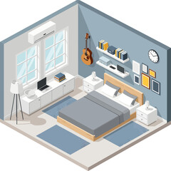 Isometric vector illustration of a modern bedroom interior in a cool blue color palette, featuring a cozy bed, workspace, and a guitar mounted on the wall