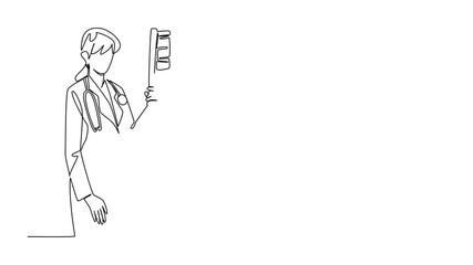 Self drawing animation of continuous one line drawing female doctor in medical attire holding big toothbrush. A brief explanation from a specialist doctor. National Dentist Day. Full length animated