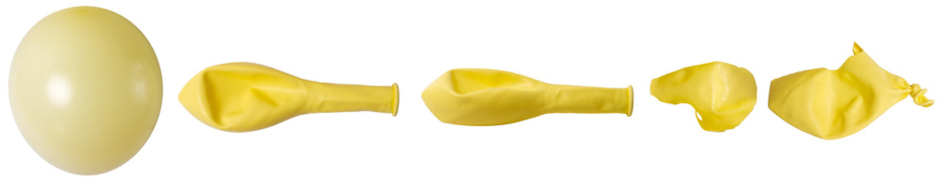 Isolated set of yellow inflated, deflated and torn balloon on a white background	