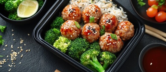 Teriyaki Meatballs, Broccoli, Rice in Takeout Box. Healthy Meal