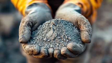 Hands holding dark grey gravel outdoors. Possible use Construction, engineering, geology stock photo