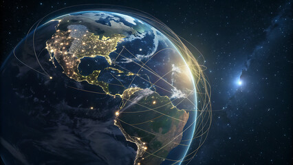 Global network connection and data exchange over america from space view