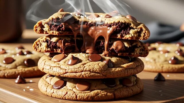 Deliciously baked chocolate cookies stacked high, oozing melted chocolate, with a cozy kitchen backdrop