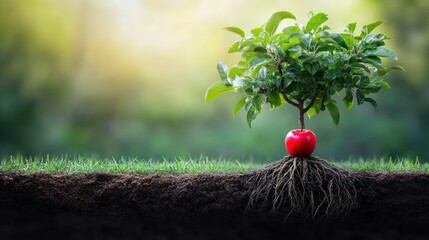Growing apple tree, roots in soil, nature's growth, inspiring start, background bokeh, perfect for presentations, motivational posters, education materials