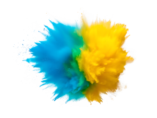Explosion of blue and yellow powder isolated on transparent background