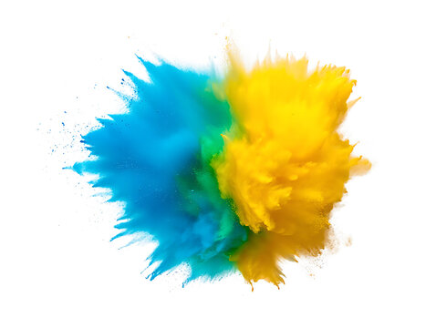 Explosion of blue and yellow powder isolated on transparent background
