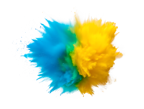 Explosion of blue and yellow powder isolated on transparent background