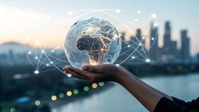 Person holding a digital earth globe with network connections over city