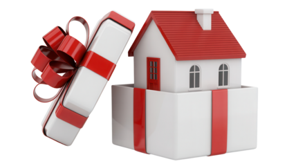 A miniature white house with a red roof sits inside an open gift box with red ribbon isolated on transparent background
