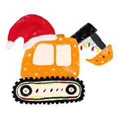 Cute christmas xmas excavator digger construction site vehicles transportation doodle hand drawn kids crayon watercolor illustration sticker clipart